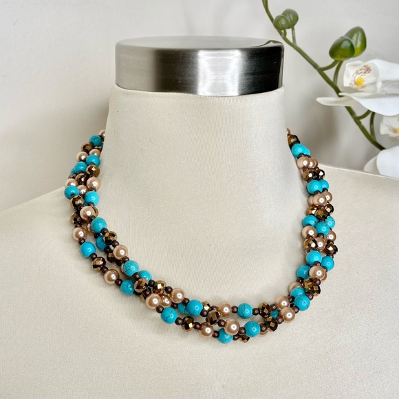 Turquoise Beaded Bronze Triple Stand Necklace - Picture 4 of 8